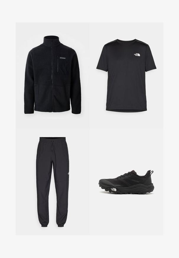 Casaco de fleece preto com gola alta, fecho frontal completo e bolso no peito com zip. Tecido texturizado, suave, com costuras mínimas.; T-shirt preto de manga curta feito de um tecido leve. Apresenta um pequeno logo branco ao lado esquerdo do peito e detalhes subtis nos ombros.; Calças atléticas pretas feitas de tecido leve, com um cós ajustável por cordão, bolsos laterais e punhos afunilados nos tornozelos.; Sapatilha de trail running preta com um upper texturizado, sola de borracha e biqueira reforçada. Possui um colarinho acolchoado e uma alça para facilitar o calçar.