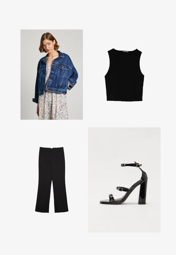 Denimjakke med en afslappet pasform, mørkeblå farve, knaplukning foran, to forlommer og opslæbte ærmer, lagdelt over en blomsterkjole.; Sort ærmeløs crop top lavet af glat stof, med rund hals og et rent, enkelt design uden mønstre eller hardware.; Sorte bukser med lige pasform, der har frontlommer og slidser i kanten. Lavet af blødt, glat stof. Velegnet til forskellige anledninger.; Sorte patenterede hælsandaler med firkantet tå, ankelremme og sølvspænder. Har en chunky blokHæl for stabilitet.