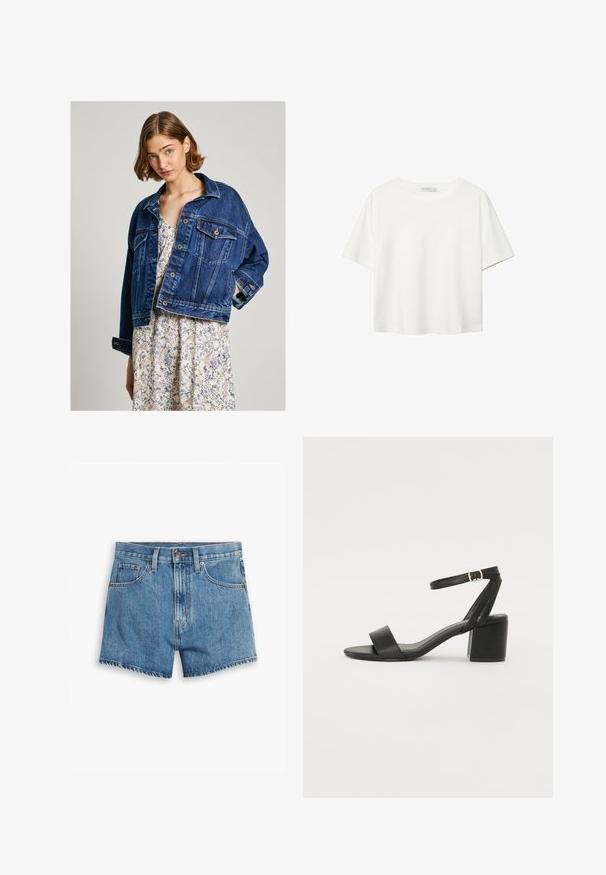 Denim jakna s sproščenim krojem, temno modre barve, zapenjanje na gumbe, dva sprednja žepa in zavihani rokavi, oblečena čez cvetlično obleko.; Bela kratka majica s kratkimi rokavi iz bombaža. Ima okroglo izrezovanje in sproščen kroj. Gladka tekstura brez vidnih vzorcev ali poudarkov.; Jeans kratke hlače v svetlo modri barvi, z povezavami za pet žepov, zadrgo in gumbom. Rob je razfrcan, oblikovane so v sproščenem kroju.; Črne sandale na peto z gladkim usnjenim zgornjim delom, odprtim nosom, širokimi sprednjimi trakovi in nastavljivim gležnjenčkom z zlatim zaponko.