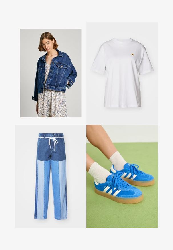 Laihsinaga džinsjak, tumeda sinise värviga, nööpidega esiosa, kaks eesmise taskut ja üleskeeratud varrukad, kantud lillemustrilise kleidi peale.; Valge puuvillane T-särk, millel on lõdva lõikega, lühikesed varrukad ja väike broderi logo vasakul rinnakarpi.; Sinised teksapüksid, millel on erinevatest sinistest toonidest kokku õmmeldud mustriga, paelavöö ja laiad, sirged sääred.; Sinine nubukist sneakerite jalanõud valgete triipudega, kummist talla, ümarate varvaste ja kangast paeltega. Kombineeritud kreemivärvi sokkidega rohelisel pinnal.