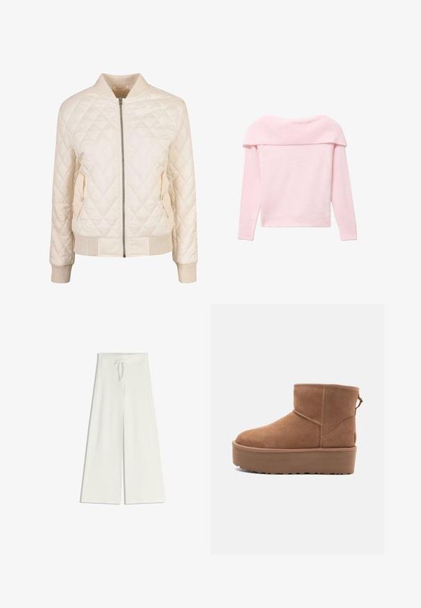 Gevoerde crèmekleurige bomberjack met ribgebreide kraag en boorden, voorzien van twee zijzakken met drukknoopsluiting en een ritssluiting aan de voorkant.; Zachtroze gebreide trui met een off-the-shoulder geribbelde kraag, lange mouwen en een getailleerde onderrand. Zachte textuur overal.; Wijduitlopende, witte broek van zachte gebreide stof, met een elastische band en een trekkoord voor een verstelbare pasvorm. Gladde textuur, zonder patronen.; Tan suède enkellaars met een platformzool, ronde neus en stiksels; heeft een trekband aan de achterkant voor gemakkelijke instap.