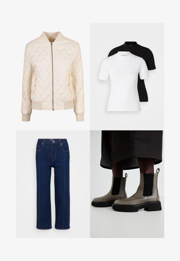 Quiltet creme bomberjakke med ribbet krave og manchetter, der har to sidelommer med trykknapslukninger og lynlåslukning foran.; Even&Odd Petite 2 PACK - T-shirts basic - white/black; Mørkeblå lige ben jeans med knaplukning, for- og baglommer samt synlig orange syning langs sømmene.; Grå ankelstøvler lavet af tekstureret læder med elastiske sidepaneler og en kraftig sort sål. Har trækremme til nem påklædning.