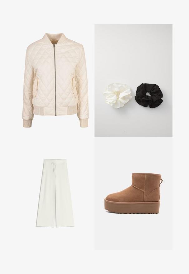 Kremna bomberska jakna s quiltnim vzorcem, z rebrastim ovratnikom in manšetami, ki ima dve stranski žepki z zapiranjem na gumb in zadrgo spredaj.; Navadna bela majica iz bombaža s krožnim izrezom, kratkimi rokavi in sproščenim krojem. Gladka tekstura brez vzorcev ali okrasov.; Široke bele hlače, narejene iz mehkega traku, z elastičnim pasom in vrvico za prilagodljivo prileganje. Gladka struktura, brez vzorcev.; Bela antilopova gležnjača s platformom, okruglim vrhom i dekorativnim šavovima; ima uvučenu petlju straga za lakše oblačenje.; Dva satenska gumica za lase, ena bela in ena črna, s potjo obliko in gladko teksturo, prikazana na enobarvni beli podlagi.