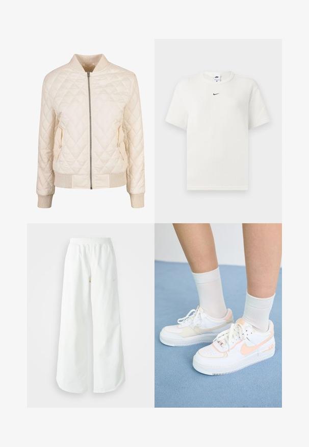Quilted cream bomber jacket with ribbed collar and cuffs, featuring two side pockets with snap closures and zip front closure.; White ribbed t-shirt with a round neckline and short sleeves. Features a small black Nike logo on the chest. Textured fabric with a fitted shape.; White wide-leg athletic pants with a ribbed waistband and subtle logo detail. Smooth fabric with a relaxed fit and tapered hem.; White sneakers with peach accents, smooth leather upper, perforated toe, textured sole, and laces. Worn with white crew socks on a blue surface.