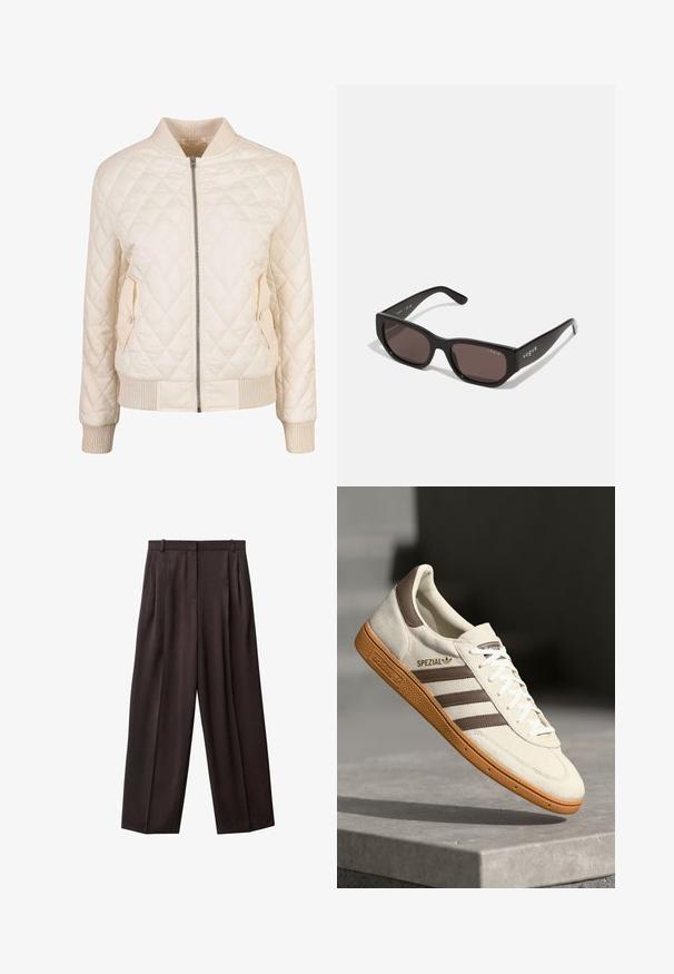 Vuorattu kerma bomber-takki, jossa on ribattu kaulus ja hihansuut. Takissa on kaksi sivutaskua, joissa on nepparikiinnitys, ja vetoketjukiinnitys edessä.; Valkoinen lyhythihainen T-paita, joka on valmistettu puuvillasta. Siinä on pyöreä kaula-aukko, suora helma ja pehmeä, sileä tekstuuri. Ei kuvioita tai grafiikkaa.; Lepotwilini lahkotni hlače iz temno rjave tkanine. Značilnosti vključujejo nabore na sprednji strani, pas z zankami za pas in stranske žepe. Gladka tekstura.; Valkoinen nahkasneakeri, jossa on ruskeat nahkaakkentit, kolme ruskeaa raitaa ja valkoiset nauhat. Sisältää teksturoitua kumipohjaa ja kultaisen "SPEZIAL"-logon.; Mustat suorakulmaiset aurinkolasit tummilla linsseillä. Ominaisuuksina sileä muovikehys ja logotieto tempussa. Siisti, moderni muotoilu.