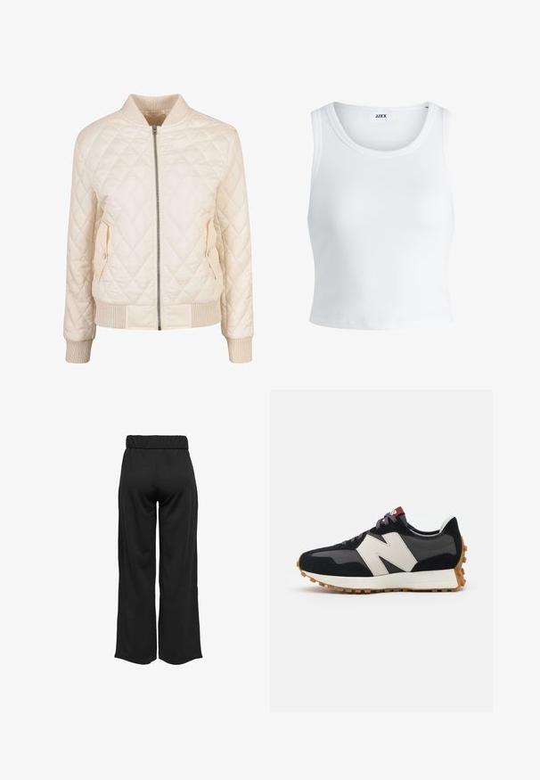 Jachetă bomber crem matlasată cu guler și manșete ribbate, având două buzunare laterale cu închidere prin capse și închidere frontală cu fermoar.; Top alb cu detalii texturate, cu guler rotund, fără mâneci și lungime scurtă. Eticheta spune "JJXX." Textură de țesătură netedă.; Pantaloni negri, cu croi larg și talie elastică, realizați dintr-un material neted. Au un design simplu, fără buzunare sau detalii de cusătură vizibile.; Adidași din suede negru și gri cu un mare logo "N" de culoare crem, sireturi purpurii și o talpă din cauciuc texturat de culoare gumă.