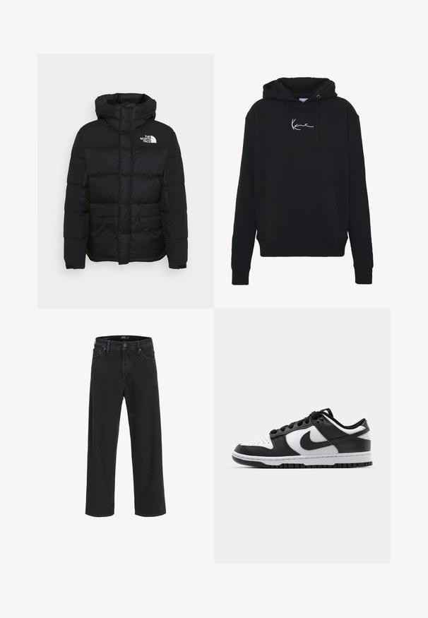 Giubbotto piumino nero con cappuccio, caratterizzato da un design trapuntato e un logo sul petto sinistro. Realizzato in nylon con una texture liscia.; Felpa nera con cappuccio in tessuto morbido, dotata di una tasca frontale, lacci e ricamo del logo bianco sul petto. Design classico e polsini a coste.; Jeans in denim nero a gamba dritta con chiusura a bottone e zip, passanti per cintura e tasche anteriori e posteriori.; Sneakers Nike Dunk in bianco e nero con tomaia in pelle, punta perforata, lacci neri e suola in gomma nera con design della tacco.