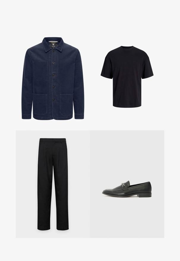 Mornarski kord spojeni kaput s ovratnikom, prednjim gumbima i dva velika prednja džepa. Ima rebrastu teksturu.; Crna pamučna majica s okruglim izrezom, kratkim rukavima i opuštenim krojem. Glatka tekstura bez vidljivih uzoraka ili dekoracija.; Crne hlače od glatkog materijala, s dizajnom ravnih nogavica, dva prednja nabora i standardnim pojasom s petljama za remen.; Crna kožna loafer cipela s glatkom finišem, s ušivenim uzorkom i dekorativnim metalnim lancem preko prednjeg dijela. Ravni potplat.