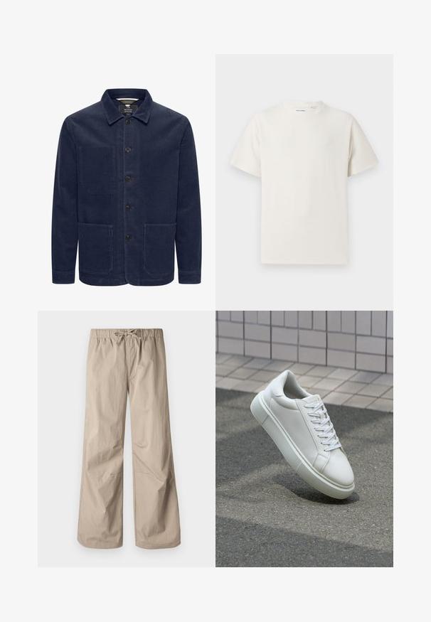 Šviesiai mėlynos spalvos kordūrojiška striukė su apykakle, priekyje užsegama knopkėmis ir dviem dideliais priekinių kišenėmis. Yra raibuliuojančia tekstūra.; Balta trumpa rankovė T-polo marškinėlių su juostelėmis tekstūra. Apvalus iškirpimas, laisvas fasonas, jokių matomų raštų ar akcentų. Paprastas ir universalus dizainas.; Šviesiai rudos plačios kelnės su elastinga juosta ir raišteliu. Lygus paviršius, dvi šoninės kišenės ir minimalūs siūlės, užtikrinantys patogų prigludimą.; Balti odiniai sportbačiai su lygiu paviršiumi, apvalia nosimi ir plokščiomis baltomis raištelėmis. Yra tekstūruotas gumos padas ir minimalizmas dizaino elementuose.