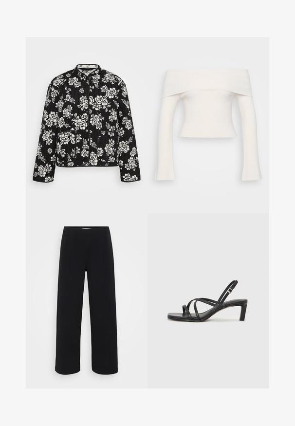 Jachetă neagră matlasată cu un model floral alb, având un guler chinezesc, nasturi pe față și două buzunare frontale.; Top alb, din tricot cu umeri descoperiți, cu model cu nervuri. Design scurt, cu mâneci lungi care se lărgesc la încheieturi. Textură moale, detalii minime.; Pantaloni negri cu picior larg, având un baret elastic. Confecționați dintr-un material texturat, cu un croi lejer și linie dreaptă de la șolduri până la tiv.; Sandal cu barete negre, cu vârf pătrat și toc mic de bloc. Prezintă mai multe barete subțiri și o bareta ajustabilă la gleznă. Fabricat din piele netedă.