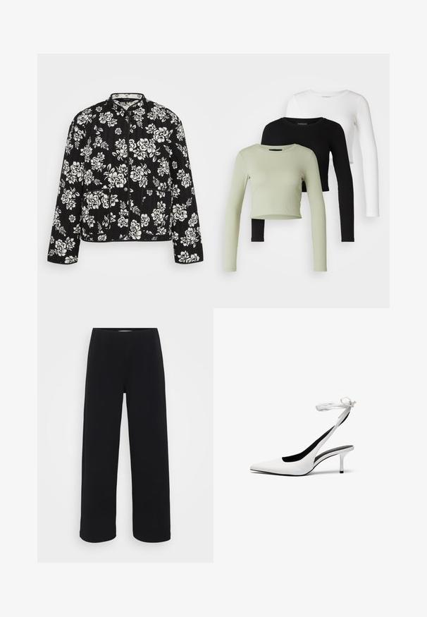 Black quilted jacket with a white floral pattern, featuring a mandarin collar, front buttons, and two front pockets.; Even&Odd Petite 3 PACK - Long sleeved top - black/white/light green; Black wide-leg pants with an elastic waistband. Made from a textured material, featuring a loose fit and straight cut from hips to hem.; White pointed-toe slingback heels with a thin ankle strap. Smooth leather material, thin stiletto heel, and a black interior lining.
