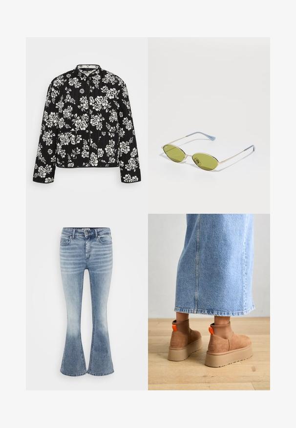 Czarna pikowana kurtka z białym kwiatowym wzorem, z kołnierzem mandarynkowym, guzikami z przodu i dwiema kieszeniami z przodu.; Even&Odd Petite - Bluzka z długim rękawem; Jasnoniebieskie dżinsy dzwony wykonane z dżinsu, z klasycznym pięciokomorowym fasonem, przednim zapięciem na zamek i delikatnym wyblaknięciem w okolicach ud.; Brązowe zamszowe buty na platformie z elastycznymi bokami i pomarańczowymi uchwytami, w połączeniu z jasnoniebieską spódnicą do kolan na drewnianej podłodze.; Oliwkowe okulary przeciwsłoneczne z cienką złotą ramką i niebieskimi akcentami na zausznikach. Owalne soczewki i minimalistyczny design.; Srebrne kolczyki koła z motywem kokardy, o gładkim wykończeniu i polerowanej fakturze. Kompaktowy, minimalistyczny styl odpowiedni na różne okazje.
