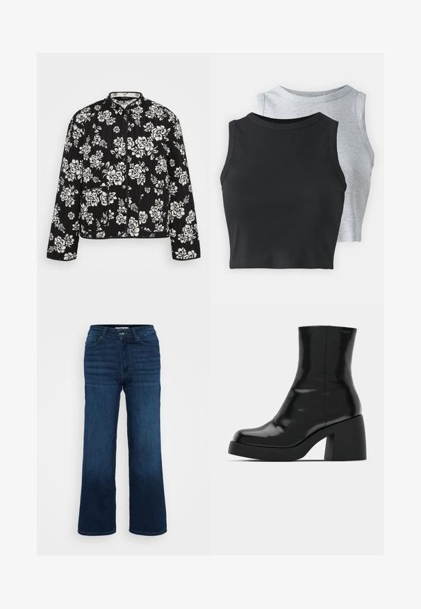 Juoda siuvinėta striukė su balta gėlių raštu, turinti mandarinų tipo apykaklę, priekiniais mygtukais ir dviem priekinėmis kišenėmis.; Even&Odd Petite 2 PACK - Viršus - light grey/black; ONLY Petite ONLMADISON BLUSH WIDE - Platėjantys džinsai - dark blue denim; Juodi kulkšniniai batai su blizgiu paviršiumi, kvadratiniu pirštu ir storu blokiniu kulnu. Dizainas pasižymi be siūlių siluetu ir minimalia ženklinimo.