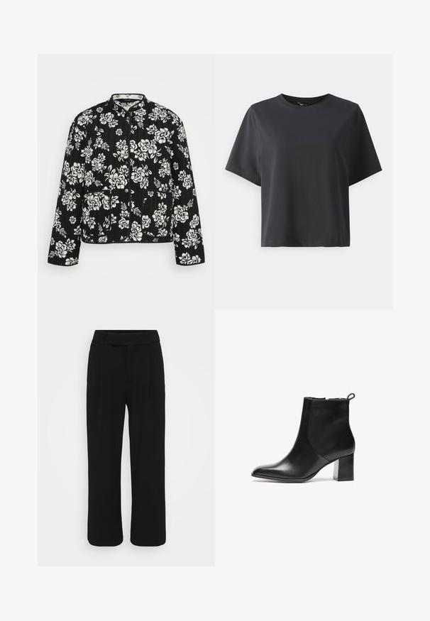 Black quilted jacket with a white floral pattern, featuring a mandarin collar, front buttons, and two front pockets.; Black cotton t-shirt, short sleeves, crew neck, relaxed fit, smooth texture, simple design, no patterns or accents.; Black wide-leg pants made of a smooth fabric, featuring a flat front, belt loops, and no visible pockets. Clean, tailored design.; Black leather ankle boot with a rounded toe, a mid-height block heel, and a pull tab at the back. Smooth texture, minimal design.