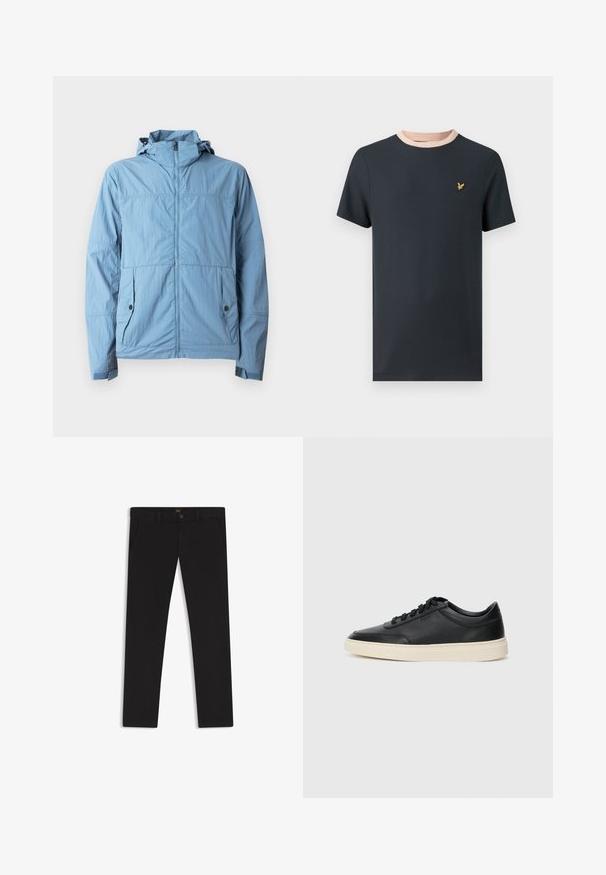 Vaaleansininen takki, kevyt kangas, edessä vetoketju, huppu ja kaksi sivutaskua, joissa nappikiinnitys.; Tumma laivastonsininen T-paita, jossa on lyhyet hihat, kontrastinen vaaleanpunainen ribbineuloskaulus ja pieni kultainen merkki rinnassa. Pehmeä puuvillamateriaali.; Mustat housut, jotka on valmistettu sileätekstiilisestä kankaasta. Varustettu nappikiinnityksellä, vyölenkeillä ja sivutaskuilla. Standardi suora lahjemalli.; Musta matalavartinen nahkastretchu, jossa on mustat nauhat ja vaaleanharmaa pohja, esitetty sivuprofiilissa valkoista taustaa vasten.