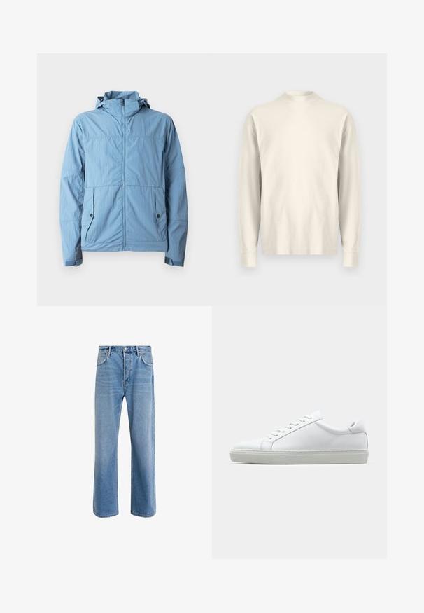 Casaco azul-claro feito de tecido leve, com fecho de correr frontal, capuz e dois bolsos laterais com fecho por botão.; Camisa de manga longa com gola alta em algodão creme claro. Textura suave, corte relaxado, design minimalista, sem padrões ou acentos visíveis.; Calças de ganga azul claro com um design de perna reta, cinco bolsos, fecho de botão, desgaste mínimo e detalhes de costura em contraste.; Sapatilha branca com um cabedal em couro liso e de perfil baixo. Apresenta um bico redondo, seis ilhoses e uma sola de borracha texturizada.