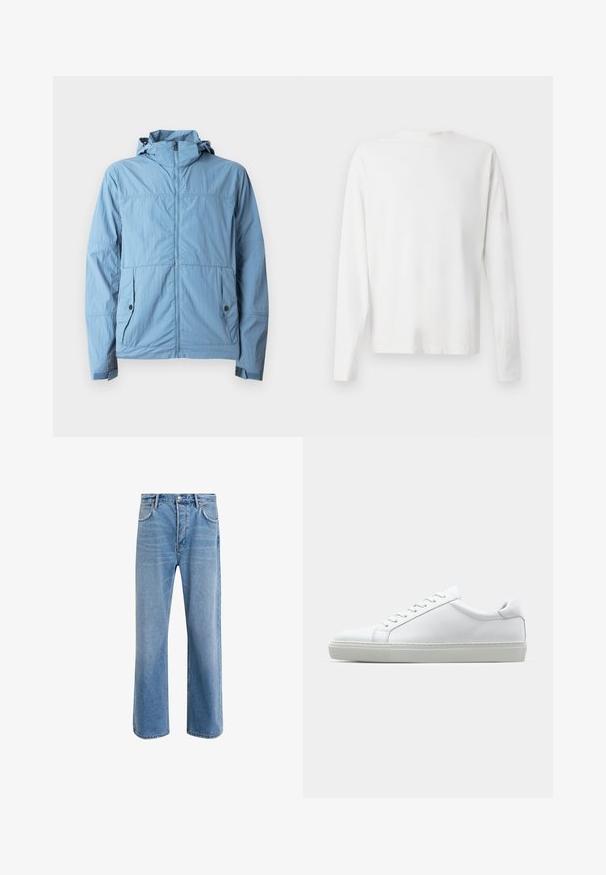 Lys blå jakke laget av lett stoff, med glidelås foran, hette og to sidelommer med knappelukking.; Langermet hvit bomullsskjorte med rund hals, sidespalter nederst og en jevn tekstur, vist fra baksiden.; Lys blå denimjeans med rett ben-design, fem lommer, knappeåpning, minimal falming og kontrasterende sømdetaljer.; Hvit sneakers med en glatt skinnoverdel og lav profil. Har en rund tå, seks snøring hull, og en teksturert gummisåle.