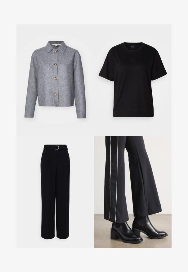 Γκρι καπιτονέ cropped κ jacket με μυτερό γιακά, διαθέτοντας πέντε μεγάλα χρυσά κουμπιά μπροστά και μακριά μανίκια. Λείο υλικό.; Μαύρο βαμβακερό μπλουζάκι με στρογγυλή λαιμόκοψη, κοντά μανίκια και κεντημένο λογότυπο στο στήθος. Απλή, χαλαρή γραμμή χωρίς σχέδια.; Μαύρο ταγμένο παντελόνι με φαρδιά γραμμή, που διαθέτει ζώνη με ασημένια πόρπη, πιέτες και μαλακή υφή υφάσματος.; Μαύρες δερμάτινες μπότες μέχρι τον ασρό με τετράγωνη φτέρνα, που διαθέτουν ελαστικές πλάγιες ρίγες. Συνδυασμένες με μαύρο παντελόνι που έχει λευκή πλαϊνή ρίγα.