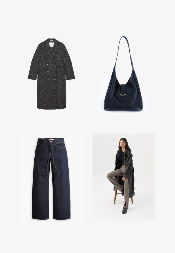 Grå tweed frakke med dobbeltradet design, notch-lapeller, to frontlommer og knapdetaljer.; Marineblå turtleneck langærmet top. Fremstillet af blødt stof med en glat tekstur. Har et tætsiddende design og høj krave uden synlige sømme.; Bredde ben mørkeblå denim jeans med høj talje, der har snoretræk, fem lommer og kontrastsyet detaljer.; Sort læder trench coat med knapper og bælte detalje, parret med lysebrune tætsiddende bukser og sorte loafers, siddende på en træstol.; Sort læderhåndtaske med et blødt, afslappet design. Har en flad rem og en central lukning prydet med en guldfinish.