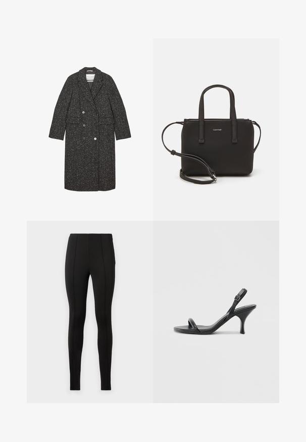 Hallhalline hallhalli kahekordse disainiga, nurgakantidega krae, kahe eesmise tasku ja nööbikaunistustega.; Must musta t-särk lühikeste käistega, ümberringi kaelusega ja väikese valge "Calvin Klein" logo'ga rinnal. Sile tekstuur, klassikaline lõige.; Mustad retuusid elastsest kangast, millel on sile tekstuur, kõrge vöökoht ja vertikaalsed õmblused jalgade mööda.; Mustad nahast kõrgete kontsadega sandaalid, millel on saledad, kõverad kontsad ja ristatud rihma disain. Reguleeritav pahkluu rihm. Sile tekstuur.; Musthave mustrans vöö ja eemaldatav õlarihm. Gludike nahk siledaga, millel on tõmblukk ja logo detail.