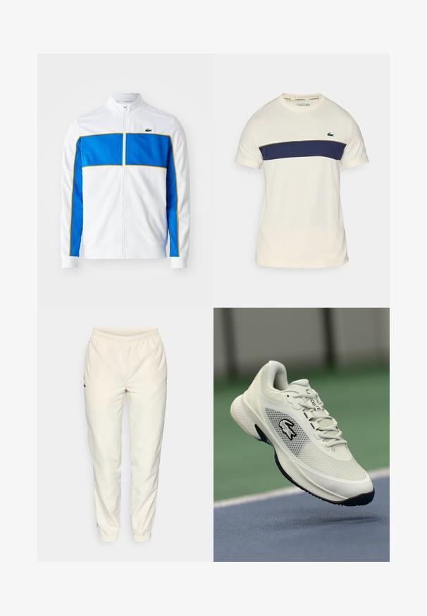 Casaco de pista branco com fecho éclair, painel azul no peito, acabamentos amarelos e logótipos da Lacoste. Apresenta um colarinho elevado e punhos canelados.; T-shirt Lacoste creme e azul marinho com um decote redondo, mangas curtas e um bloco de cor horizontal. Apresenta um logo de crocodilo verde.; Calças de treino em tom creme com cintura elástica, pernas ajustadas e um pequeno logótipo verde-escuro do lado esquerdo. Tecido suave e leve.; Sapatilha desportiva branca com parte superior em malha, detalhes em preto, sola texturizada e logotipo em destaque na lateral, apresentada num fundo de campo.