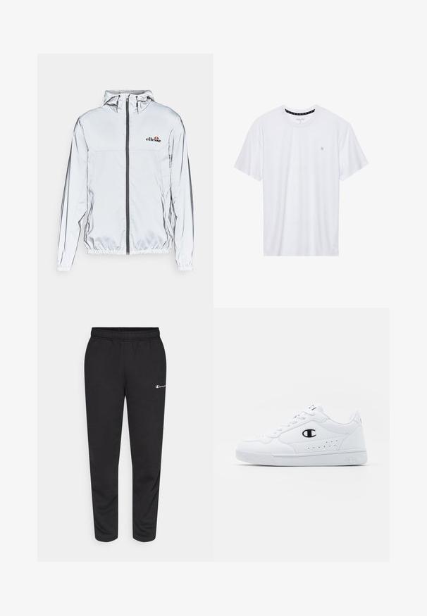 Lightweight silver jacket with a hood, black zipper, and elastic hem. Features logo on chest and smooth, reflective fabric texture.; White crewneck t-shirt made of cotton, featuring short sleeves and a small logo embroidered on the left chest area. Soft texture.; Black sweatpants made of cotton blend, featuring an elastic waistband and a small white logo on the left side. Tapered leg design.; White athletic sneakers with a smooth synthetic upper, black logo accent, and perforated detailing on the side. Rubber sole.