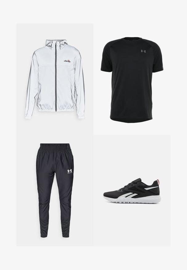 Leichte silberne Jacke mit Kapuze, schwarzem Reißverschluss und elastischem Saum. Mit Logo auf der Brust und glatter, reflektierender Stoffstruktur.; Schwarzes kurzärmeliges Sportshirt aus glattem, leichtem Material. Verfügt über einen runden Ausschnitt und ein dezentes Logo auf der Brust.; Under Armour PRO PANT - Jogginghose - black/white; Schwarze Sportschuhe mit einem oberen Teil aus Mesh, weißen Akzenten, einer strukturierten Sohle und einer roten Fersenschlaufe für zusätzliche Details.