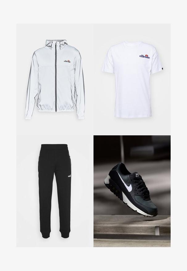 Veste argentée légère avec capuche, fermeture éclair noire et ourlet élastique. Présente un logo sur la poitrine et un tissu lisse avec texture réfléchissante.; T-shirt en coton blanc à manches courtes, avec un logo brodé bleu marine sur la poitrine gauche et un accent de couleur vive au-dessus du logo.; Pantalons de survêtement noirs en tissu doux, avec un design de jambe effilée, une taille élastique, des poches latérales avec zippers et un petit logo.; Baskets noires et vertes avec une tige en mesh à motif, logo swoosh blanc, col rembourré et unité de coussin d'air visible dans la semelle.