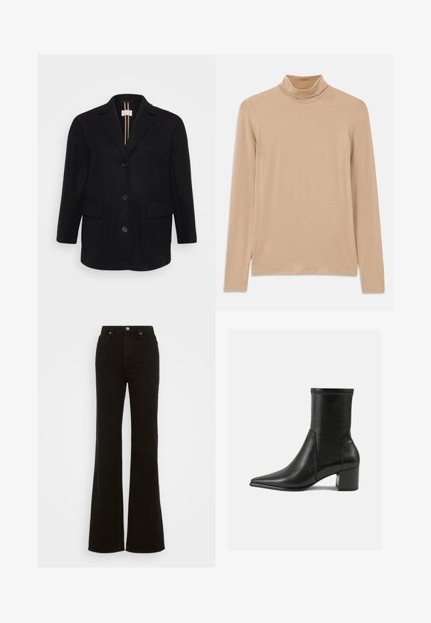 Črn plašč iz volnene mešanice z zapletenim ovratnikom, sprednjim gumbnim zapiranjem, dvema sprednjima žepoma in gladko teksturo. Vertikalne črte na notranji oblogi.; Bež majica s dugim rukavima i visokim ovratnikom, izrađena od mekog, strukturiranog materijala; ima uski kroj i visoki ovratnik. Nema vidljivih uzoraka ili metalnih elemenata.; Črne flare kavbojke z visokim pasom, izdelane iz denima, s gumbom za zapiranje, stranskimi žepi in gladko teksturo.; Črne gležnjarje iz gladkega usnja, z izostrenim nosom, blokastim peto in izrazitim povišanim šivom na zgornjem robu.