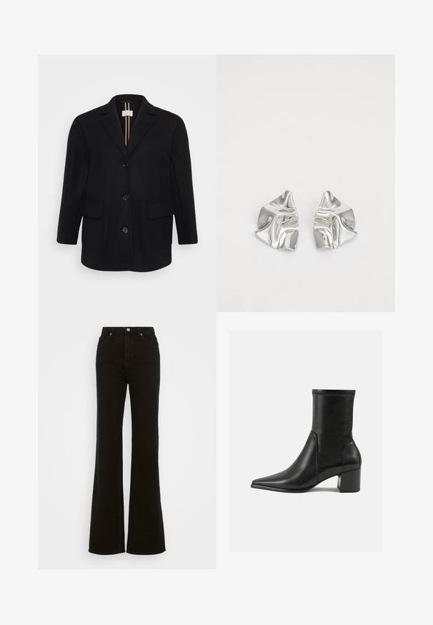 Melnas vilnas maisījuma mētelis ar izgriezumu, priekšējo pogu aizdari, divām priekšējām kabatām un gludu tekstūru. Vertikālie svītriņi iekšējā oderē.; Beige garš piedurkņu turtleneck tops, izgatavots no mīksta, teksturēta auduma; ar šauru piegriezumu un augstu kakla izgriezumu. Nav redzamu rakstu vai detaļu.; Augstas jostas melni izplūduši džinsi, kas izgatavoti no denima, ar pogu aizdari, sānu kabatām un gludu tekstūru.; Melnas potītes zābaki, kas izgatavoti no gludas ādas, ar smailu purngalu, blokveida papēdi un izteiktu paceltu šuvumu augšējā malā.; Sudraba metāla auskari ar viļņainu, skulpturālu dizainu, kas izceļas ar pulētu apdari un neregulārām formām, uzsverot mūsdienīgu estētiku.
