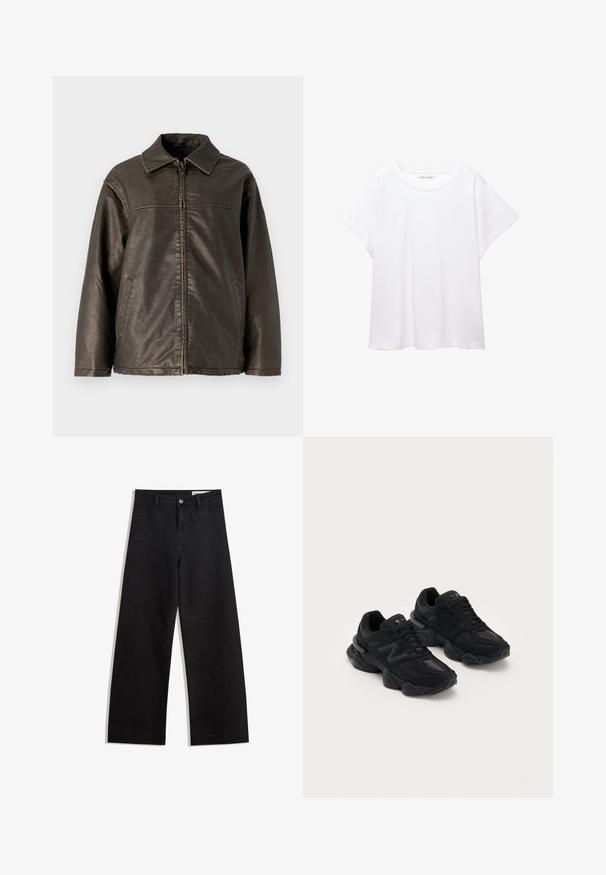 Giacca in pelle marrone con collo, chiusura frontale a zip e due tasche laterali. Finitura testurizzata e dettagli di cucitura a contrasto.; T-shirt bianco realizzato in un tessuto morbido e leggero. Presenta un collo rotondo e maniche corte e larghe con vestibilità morbida. Nessun motivo visibile.; Pantaloni in denim neri a gamba larga con vita alta, dotati di tasche anteriori e posteriori, cuciture a punto, e chiusura con bottone. Texture liscia.; Scarpe da ginnastica nere con tomaia testurizzata, caratterizzate da un distintivo logo "N", suola imbottita e un profilo elegante e moderno.