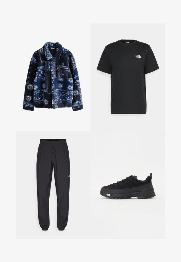 Marineblaue Fleecejacke mit einer strukturierten, flauschigen Oberfläche, die ein geometrisches Muster in helleren Farbtönen zeigt, sowie einem Kragen und einer Brusttasche.; Schwarzes Baumwoll-T-Shirt mit kurzen Ärmeln, Rundhalsausschnitt und einem kleinen weißen Logo auf der linken Brust. Schlichtes Design, glatte Textur und lockere Passform.; Schwarze Sporthosen aus leichtem Stoff, mit einem Kordelzugbund, seitlichen Taschen und schmal zulaufenden Bündchen an den Knöcheln.; Schwarzer Outdoorsneaker mit einem Obermaterial aus Wildleder, strukturierter Gummisohle und robustem Schnürsystem. Verfügt über eine verstärkte Ferse und das Markenlogo an der Seite.