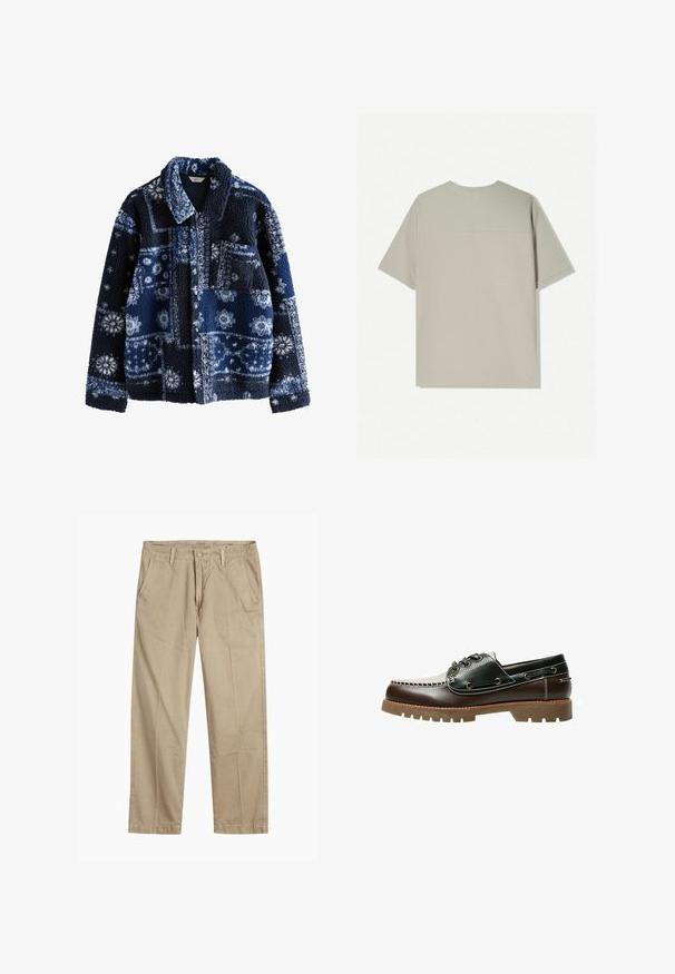 Marineblauwe fleecejack met een gestructureerd, fluffy oppervlak, gekenmerkt door een geometrisch patroon in lichtere tinten en een kraag, met één borstzak.; Beige katoenen t-shirt met korte mouwen. Heeft een eenvoudig ontwerp en een ronde halslijn. Gladde textuur met minimale stiksels op de achterkant.; Beige rechte pijpen chinos met riemlussen, voorkant met knoop en rits sluiting, en schuine voorzakken.; Bruine en zwarte leren boot schoen met veters, contrasterende stiksels en een gestructureerde rubberen zool. Voorzien van metalen ogen en een afgeronde neus.