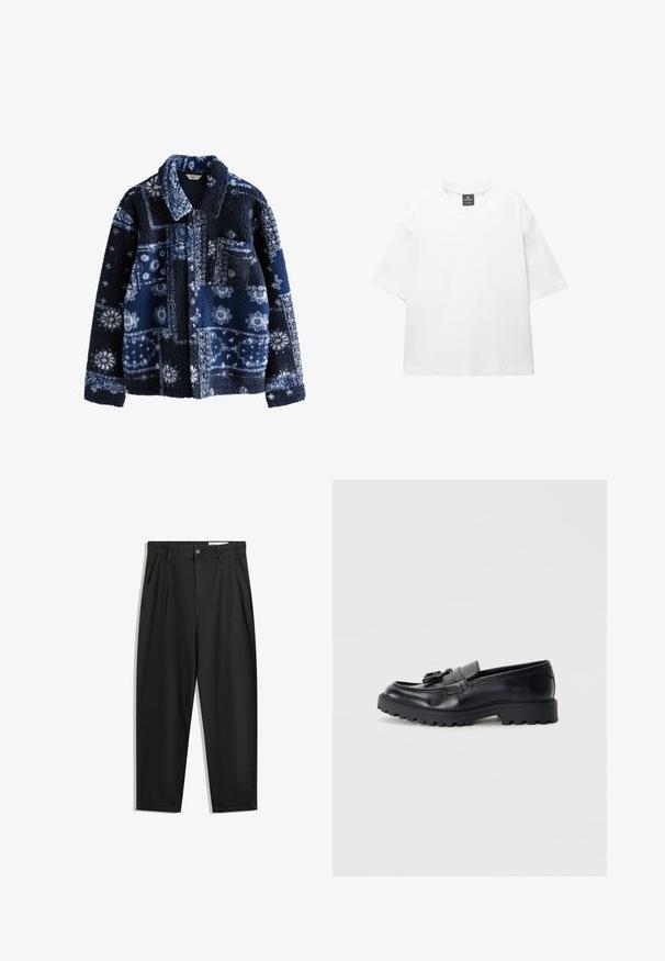 Námornícky fleece kabát s textúrovaným, nadýchaným povrchom, ktorý obsahuje geometrický vzor v svetlejších odtieňoch a golier, s jednou vreckom na hrudi.; Biely krátky rukáv tričko vyrobené z bavlny, s okrúhlym výstrihom a voľným strihom so rovnomerným lemovaním. Bez vzorov alebo ozdôb.; Čierne bavlnené nohavice s voľným strihom, s klasickým pásom, prednými záhybmi a bočnými vreckami. Hladká textúra bez vzorov.; Čierne kožené loafers s lesklým povrchom, robustnou gumovou podrážkou a ozdobným detailom v podobe strapca na prednej strane.