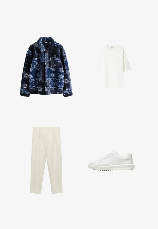 Marineblaue Fleecejacke mit einer strukturierten, flauschigen Oberfläche, die ein geometrisches Muster in helleren Farbtönen zeigt, sowie einem Kragen und einer Brusttasche.; Weißes T-Shirt mit kurzen Ärmeln aus Baumwolle, mit Rundhalsausschnitt und lockerem Schnitt sowie geradem Saum.; Helle beige, gerade geschnittene Hose aus weichem Stoff, mit hoher Taille, vorderen Falten, Knopfverschluss und seitlichen Taschen.; Weißer Sneaker mit einem glatten synthetischen Obermaterial, runder Spitze, flachen Schnürsenkeln, strukturiertem Sohlen und einem geschichteten, Plattform-Design für zusätzlichen Halt.