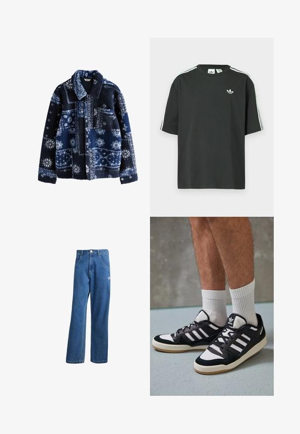 Jūrinės spalvos pūkinė striukė su tekstūruota, pūkuota paviršiumi, su geometriniu raštu šviesesnėmis atspalvėmis ir apykakle, turinti vieną krūtinės kišenę.; Juoda medvilninė trumpų rankovių marškinėliai su apvalia apykakle ir trimis baltomis juostelėmis ant pečių. Priekyje yra mažas baltas logotipas.; Mėlynos aukštu liemeniu plačios džinsinės kelnės su priekinėmis kišenėmis, diržo kilpos, sagčių uždarymu ir mažu Adidas logotipu dešinėje šlaunyje.; Juodos ir baltos sportinės bateliai su zomšiniu ir odiniu viršumi, su trimis baltomis juostelėmis, perforuota koja ir guminėmis padais.