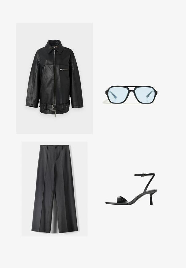 REMAIN OVERSIZE JACKET - Læderjakker - black; Sort bomuldsstof med glat struktur og rund halsudskæring, prydet med et subtilt, jævnt kornmønster. Ingen synlige logoer eller accenter.; Vidde-bukser i mørkegrå stof med knaplukning, frontfolder og bæltestropper. Glat tekstur med et skræddersyet design.; Bershka Højhælede sandaletter / Højhælede sandaler - black; Sorte solbriller med rektangulære rammer, blåtonede linser og et karakteristisk brodesign. Slank finish, afdæmpet tekstur.; Sort læder håndtaske med en halvmåneform, glat overflade og justerbar rem, prydet med subtile hardwaredetaljer. Lynlåslukning synlig.