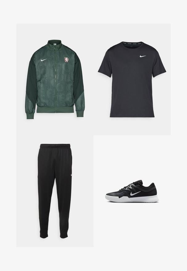 Grønn Nike jakke med full glidelås, har teksturert stoff med gjentatte bokstavmønstre, kontrasterende ermer og en rød løve-logo.; Svart Nike løpe-T-skjorte laget av lett, pustende stoff, med korte ermer og en liten hvit logo på brystet.; Svarte treningsbukser laget av glatt stoff, med elastisk midje, smale ben og en liten hvit logo på venstre side.; Svart treningssko med teksturert overdel, hvit Nike-swoosh og hvit gummisåle. Har snøring og en dynamisk form.