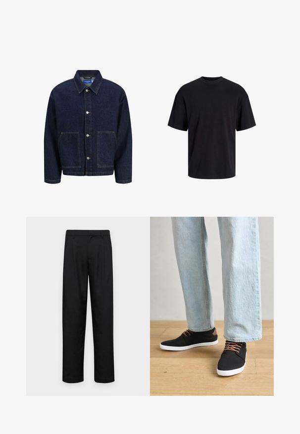 Jachetă din denim de culoare albastru închis, cu închidere butonată, două buzunare mari în față și un guler clasic. Prezintă cusături contrastante și butoane argintii.; Tricou din bumbac negru, cu guler rotund, mâneci scurte și o croială lejeră. Textură netedă și fără modele sau accente vizibile.; Pantaloni negri dintr-un material neted, cu un design drept, două pliuri frontale și un tiv standard cu bucle pentru curea.; Tenisi negri din pânză cu accente maro, talpă din cauciuc alb și șireturi maro, asortați cu blugi drepti de culoare albastră deschisă. Fundal din lemn.