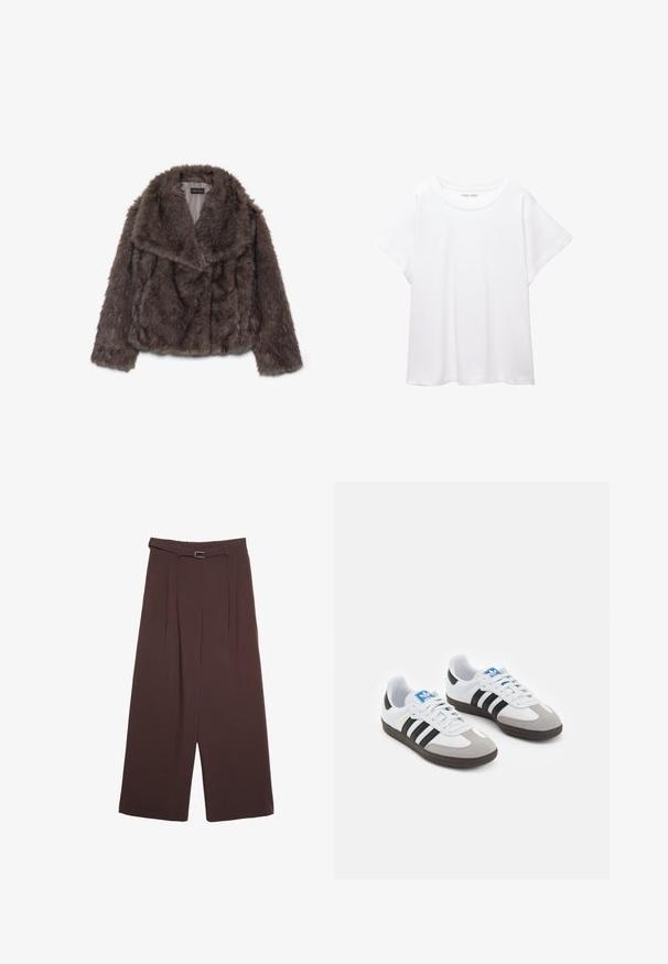 Rjava umetna krznena jakna s skrajšanim krojem in širokim ovratnikom, mehko teksturo in dolgimi rukavi; prikazuje vodoravne šive po celotni površini.; Bela majica s kratkimi rukavi, izdelana iz mehkega in lahkega blaga. Ima okroglo ovratnico ter kratke, široke rokave z udobnim krojem. Brez vidnih vzorcev.; Stradivarius WIDE-LEG WITH BUCKLE DETAIL - Hlače - dark brown; Športni čevlji z belim usnjenim zgornjim delom, sivim semišem na prstih in tremi črnimi črtami. Imajo modro logo na jeziku in teksturiran gumijast podplat.