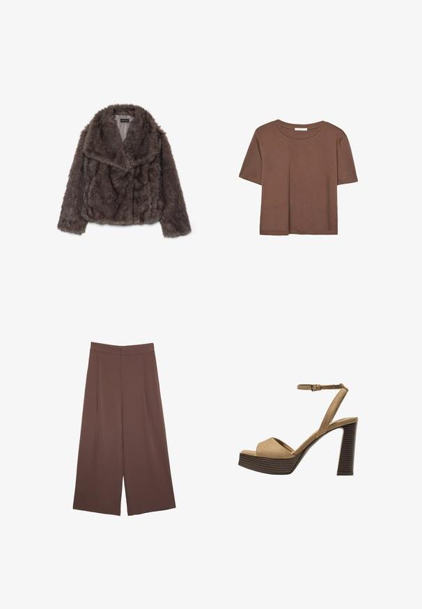 Rjava umetna krznena jakna s skrajšanim krojem in širokim ovratnikom, mehko teksturo in dolgimi rukavi; prikazuje vodoravne šive po celotni površini.; Rjava kratka majica s kratkimi rokavi iz mehkega materiala, s krožnim izrezom in ohlapnim krojem. Brez vidnih vzorcev ali dodatkov.; Rjave široke hlače z gladko teksturo, ki imajo visok pas in sprednje naborke. Tkanina je lahka in prosto pada.; Bež semiš sandali na visoki peti z širokim sprednjim trakom in trakom okoli gležnja, opremljeni z debelim lesenim blokom peto z teksturirano površino.