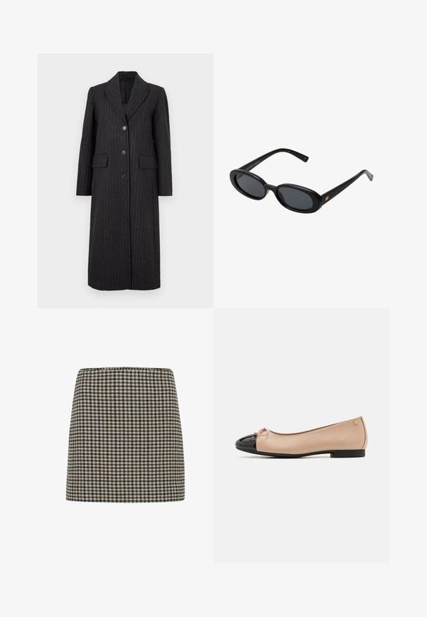 Selected Femme SLFALLY BLEND COAT - Klassischer Mantel - dark grey; Ecrufarbener, grob gestrickter Pullover mit strukturierten Zopfmuster, langen Ärmeln, Rundhalsausschnitt und gerippten Bündchen und Saum.; Karierte Minirock in Schwarz, Braun und Creme. Strukturiert mit hoher Taille. Weiche Stofftextur mit einem einheitlichen Rautenmuster.; Balletschuhe mit einem beigefarbenen Satin-Obermaterial, einer schwarzen Lackleder-Zehenkappe, einer kleinen Schleifenverzierung an der Vorderseite und einem niedrigen schwarzen Absatz.; Schwarze, oversized Sonnenbrillen mit ovalen Gläsern, glattem Kunststoffrahmen und goldenen Akzenten an den Bügeln. Die dunklen Gläser bieten Sonnenschutz.; Graue Wildleder-Tasche mit zwei dunklen Ledergriffen. Verfügt über gestickte Details an den Seiten, eine weiche Textur und eine geräumige Öffnung.