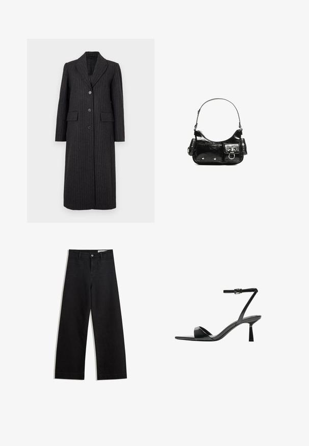 Selected Femme SLFALLY BLEND COAT - Klasični plašč - dark grey; Siv majica z dolgimi rokavi in okroglo ovratnikom ter spuščeni rameni. Narejena iz mehke, teksturirane tkanine z sproščenim krojem in skrajšanim robom.; Črne široke denim hlače z visokim pasom, ki imajo sprednje in zadnje žepe, šivane šive ter gumbasto zapiranje. Gladka tekstura.; Bershka Sandali z visoko peto - black; Črna lakasta usnjena torbica s ukrivljeno obliko, enim ramenskim trakom, sprednjimi žepi in srebrnimi kovinskimi dodatki.