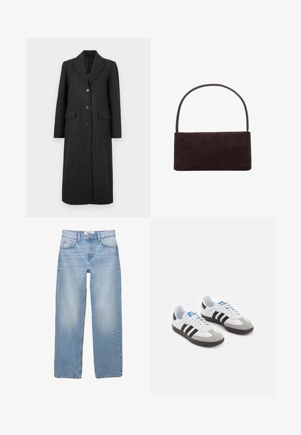 Selected Femme SLFALLY BLEND COAT - Klassischer Mantel - dark grey; Helle beigefarbene Strickjacke aus weichem Strickmaterial, mit runder Ausschnittform, überschnittenen Schultern und Rippdetails am Saum und an den Ärmeln.; Helle blaue Jeans aus Denim mit geradem Bein, Fünf-Taschen-Stil und sichtbaren Nähdetails. Der Stoff hat eine weiche, leicht ausgewaschene Textur.; Sportschuhe mit einem Obermaterial aus weißem Leder, grauer Wildleder-Zehenkappe und drei schwarzen Streifen. Sie verfügen über ein blaues Logo auf der Zunge und eine strukturierte Gummisohle.; Rechteckige Handtasche aus dunkelbraunem Wildleder mit einem schmalen Einzelhenkel, minimalistischem Design und ohne sichtbare Verzierungen.