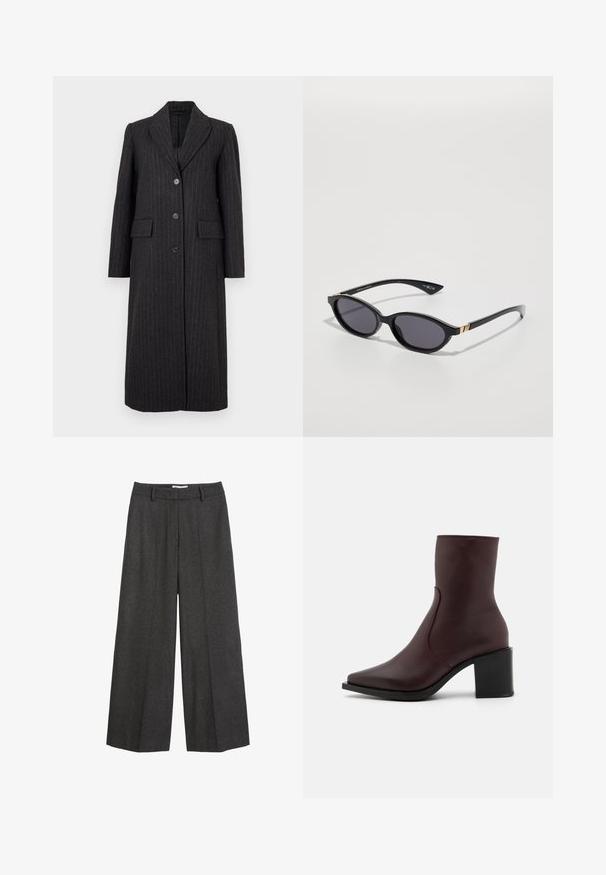 Selected Femme SLFALLY BLEND COAT - Klassisk frakke - dark grey; Hvid skjorte med knaplukning, lange ærmer, struktureret krave og rundet kant. Fremstillet af et glat, ensfarvet stof uden synlige mønstre eller detaljer.; Bredde bukser i mørkegrå stof. Har en skræddersyet talje med bæltesløjfer, glat tekstur og minimale syninger som detaljer.; Zign LEATHER - Støvletter - bordeaux; Sorte solbriller med ovale linser, mørk gradienttint og slanke arme med diskrete guldkant. Glat plastikfinish.; Tommy Hilfiger LIBRE FLAP CROSSOVER - Skuldertasker - deep rouge