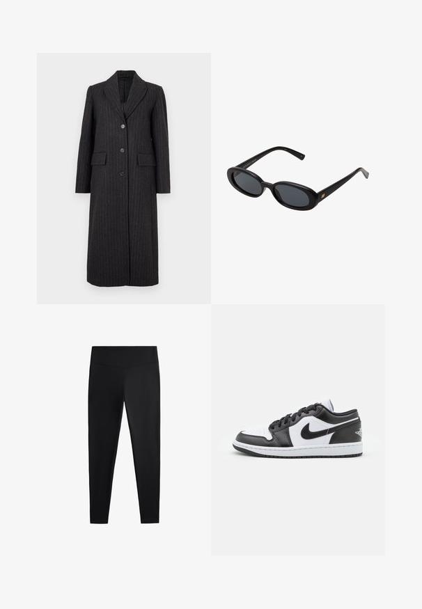 Selected Femme SLFALLY BLEND COAT - Mantel - dark grey; Bruine geribde gebreide cape met een hoge kraag en een vloeiende silhouet, ontworpen zonder sluitingen, met een gestructureerd oppervlak.; Zwarte leggings van gladde, rekbare stof. Voorzien van een brede tailleband en een taps toelopend pootdesign, geschikt voor actieve of casual kleding.; Zwart-witte Nike lage sneakers hebben een glad leren bovenwerk, een ronde neus, vetersluiting en een gestippelde rubberen zool.; Zwarte oversized zonnebril met ovale lenzen, een glad plastic montuur en gouden accenten op de pootjes. Donkere lenzen bieden bescherming tegen de zon.