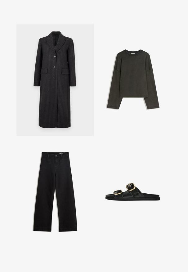 Selected Femme SLFALLY BLEND COAT - Cappotto classico - dark grey; Maglia a maniche lunghe grigio scuro realizzata in un mix di cotone. Ha una forma ampia con scollatura rotonda e spalle scese, con cuciture visibili.; Pantaloni in denim neri a gamba larga con vita alta, dotati di tasche anteriori e posteriori, cuciture a punto, e chiusura con bottone. Texture liscia.; Infradito neri con due accenti di fibbia dorata, materiale dalla texture liscia, suola piatta e design minimalista.