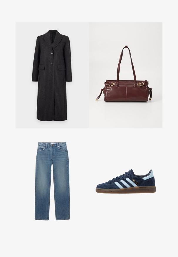 Selected Femme SLFALLY BLEND COAT - Cappotto classico - dark grey; Top bianco a maniche lunghe realizzato in tessuto a costine, presenta un collo rotondo e una parte frontale con sei bottoni trasparenti.; Jeans in denim azzurro chiaro con taglio dritto, cinque tasche e accessori in tonalità rame. Il tessuto presenta una leggera scoloritura e una texture liscia.; Sneaker Adidas in suede blu navy con strisce azzurre, suola in gomma, linguetta sul tallone azzurra e logo dorato "Spezial" sul lato.; Borsa a tracolla in pelle bordeaux con due manici, hardware dorato e chiusura con zip. Presenta una texture liscia e dettagli di cucitura sottili.