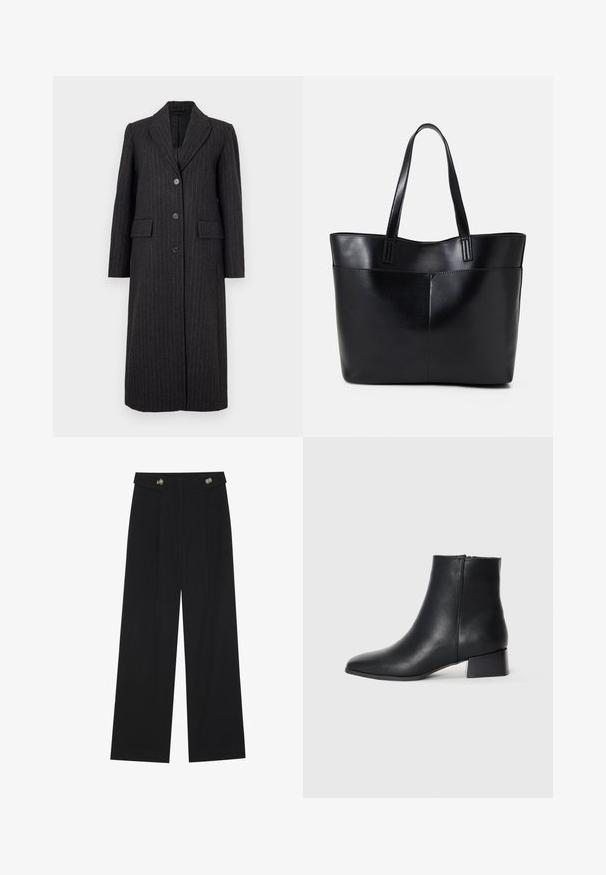 Selected Femme SLFALLY BLEND COAT - Klassisk kåpe / frakk - dark grey; Svart langermet topp med utsvingte mansjetter, myk tekstur og avslappet passform, med enkel rund hals.; Svart vide bukser med høy midje, knappdetaljer på midjebåndet og frontplisser.; Svarte lær ankelsko med spiss tå og lav blokkhæl, med en glatt tekstur og minimalistisk design.; Svart lær toteveske med to lange håndtak, en glatt tekstur og en strukturert form. Har en frontlomme for ekstra oppbevaring.