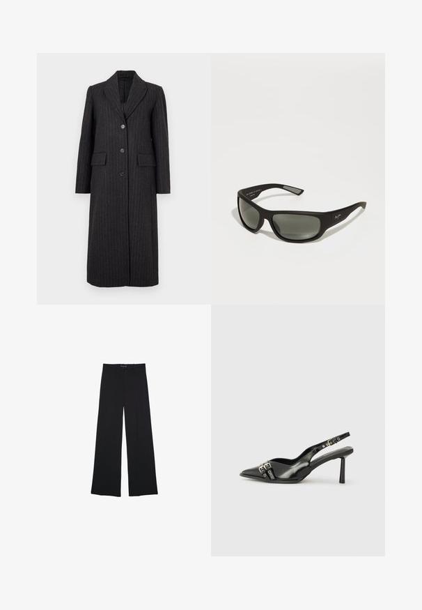 Selected Femme SLFALLY BLEND COAT - Klassisk frakke - dark grey; Sort langærmet skjorte med hvide vandrette striber, ribbet struktur og rund halsudskæring. Tætsiddende design med lige kant.; Sorte bredbenede bukser lavet af et glat stof. Har en klassisk pasform, forlommer og en talje med knaplukning.; Sorte patenterede læderslagback sko med spids tå, ankleremme med sølvspænder og hardware samt en slank hæl.; Sorte solbriller med mat finish, gråtonede linser, bredt stel og diskret branding på siden. Aerodynamisk design med slanke templer.; Sort vævet lædertaske med runde håndtag og en aftagelig, mindre pung. Har en tekstureret overflade og struktureret form.